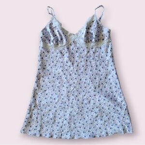 L.A. INTIMATES Silver Blue Slip Dress M Floral Print Lace Trim Satin Cami Y2K